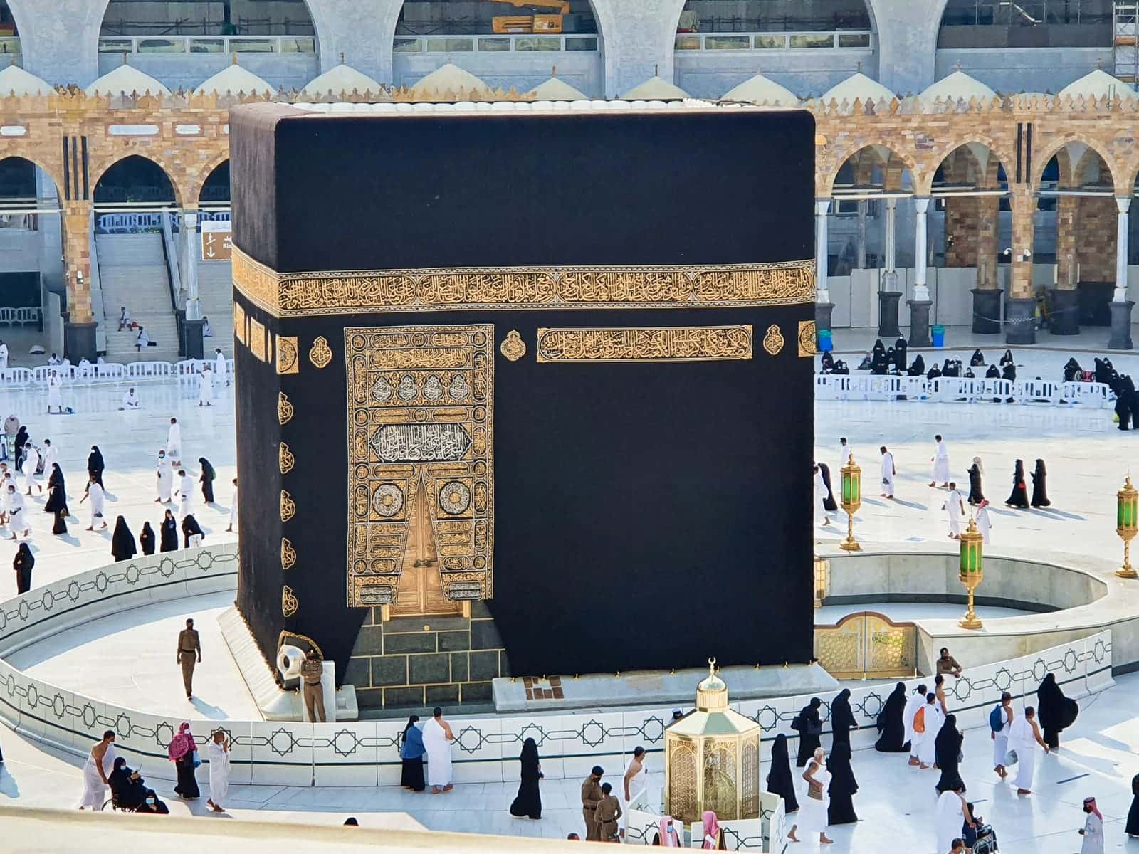 Pilgrims gather in the courtyard around the Kaaba at Masjid al-Haram in Mecca, Saudi Arabia