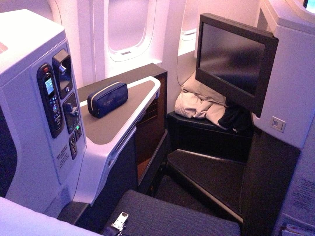 Business class seat aboard a Boeing 777-300ER widebody aircraft