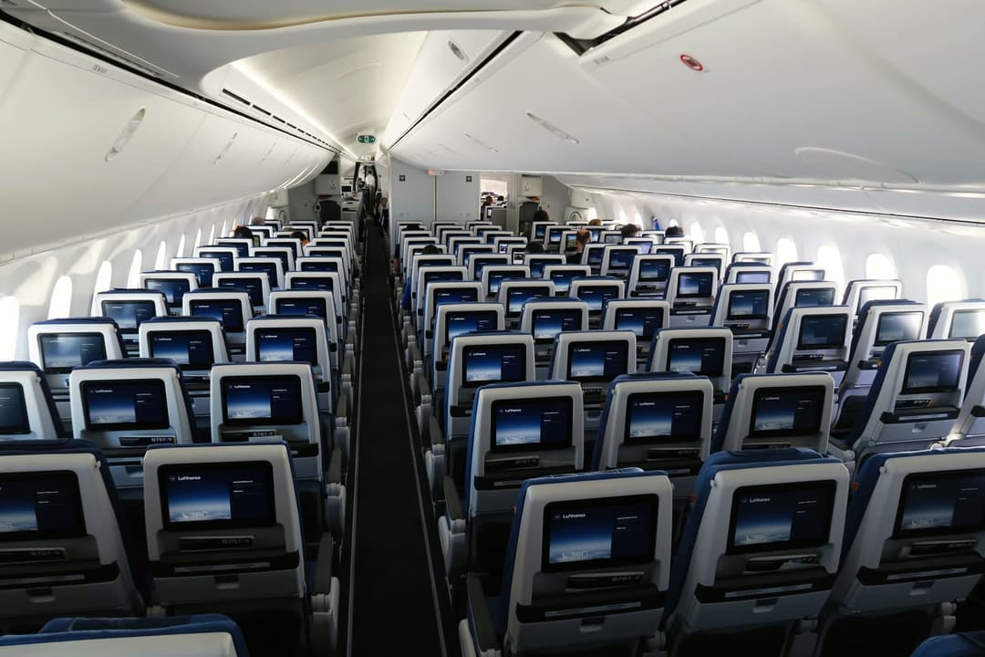 Standard economy class cabin in 3-3-3 seating on a Boeing 787-9