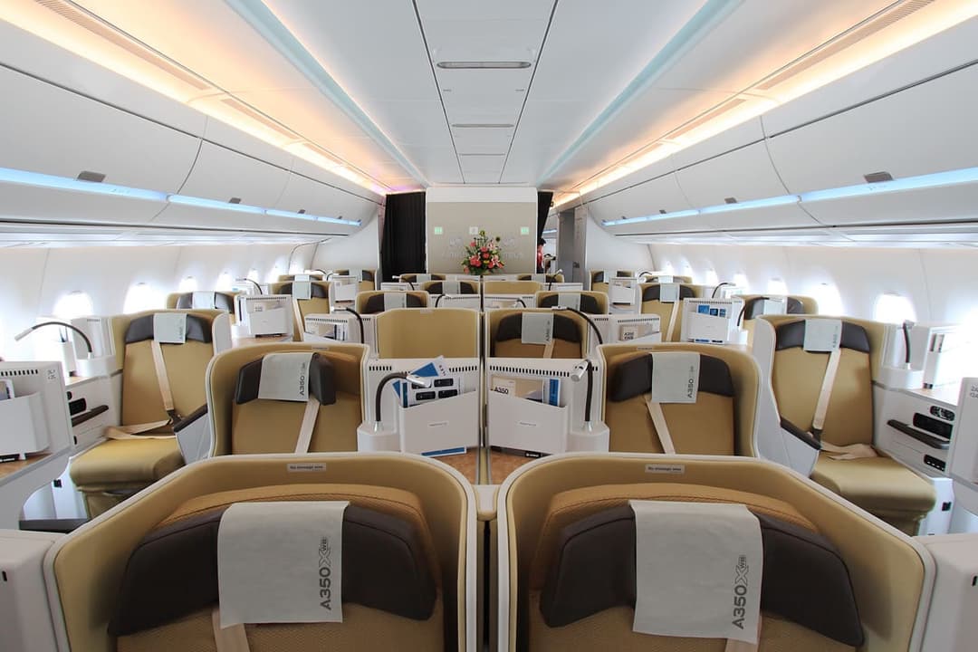Airbus A350 business class cabin shown in 1-2-1 lie-flat seat configuration