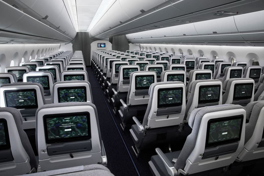 Premium economy class seating aboard a Finnair Airbus A350 long-haul aircraft