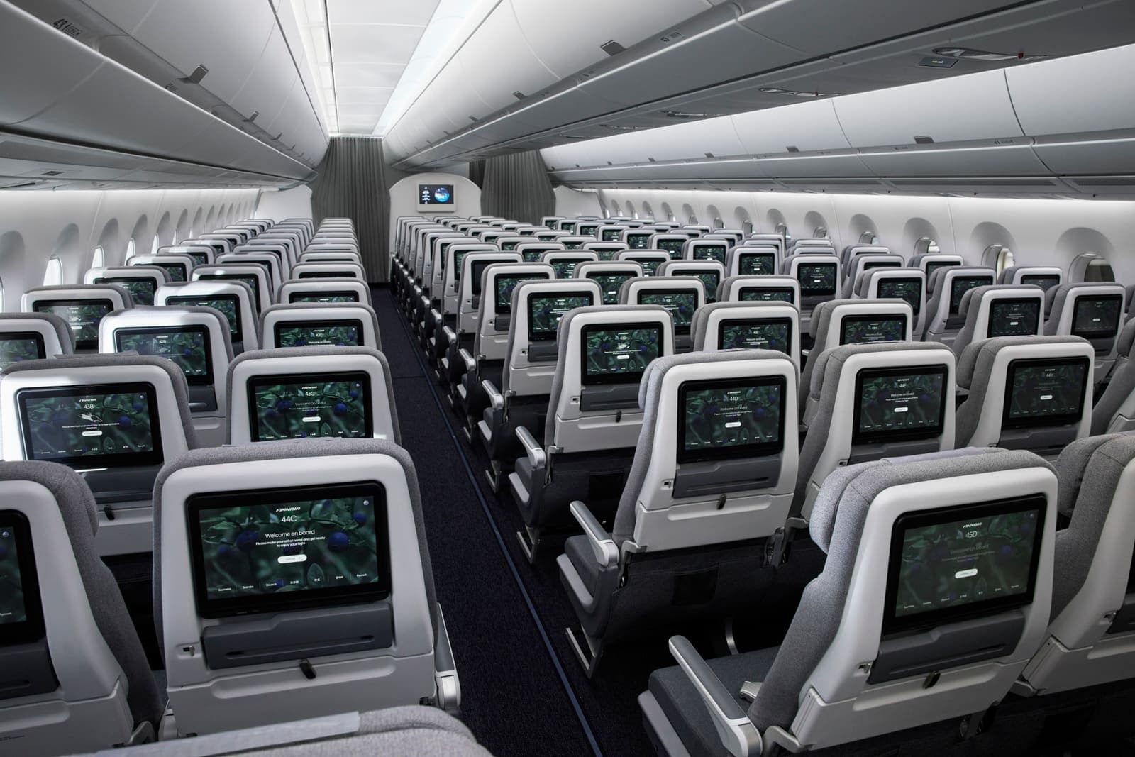 Premium economy class seating aboard a Finnair Airbus A350 long-haul aircraft