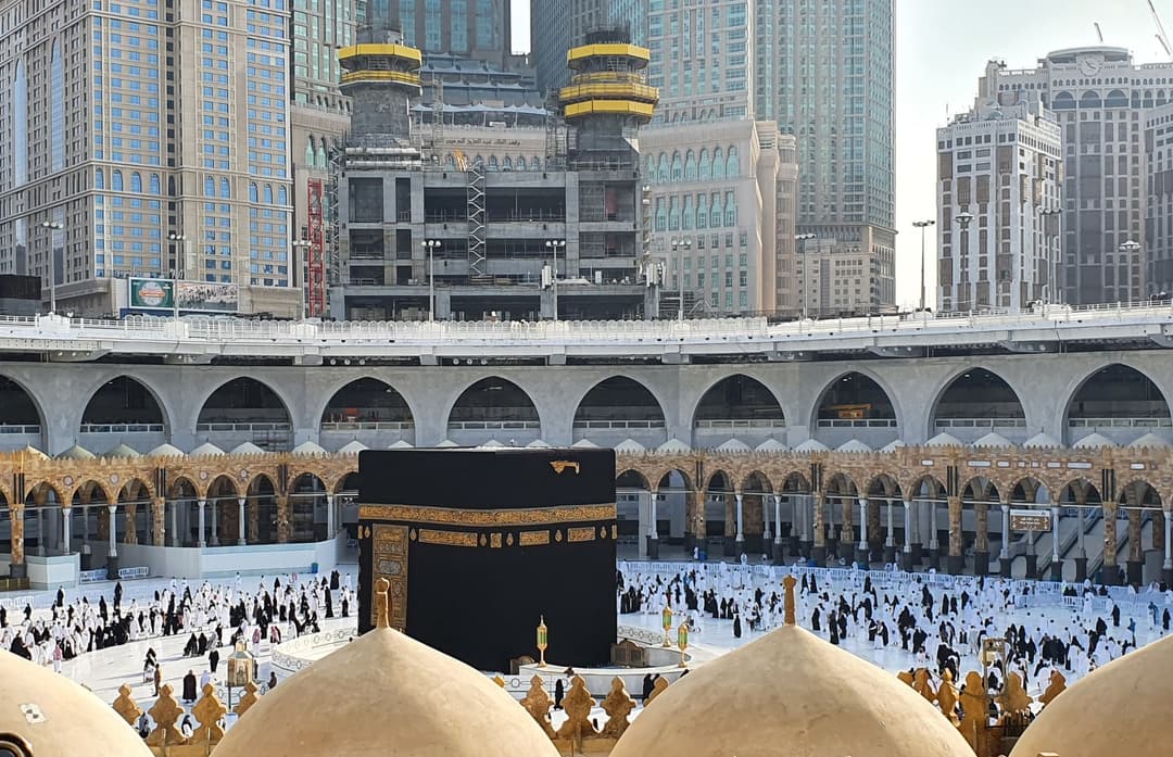 Exterior courtyard view of the Great Mosque of Mecca (Masjid al-Haram) in Saudi Arabia