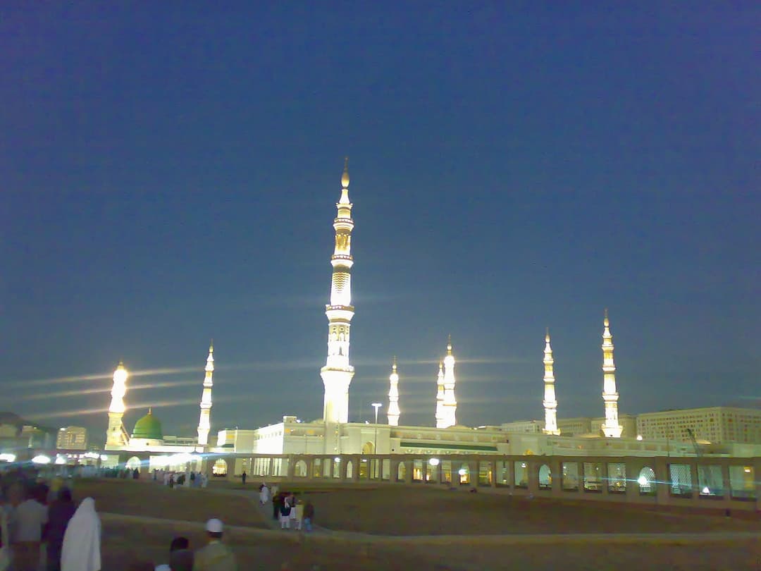 Exterior night view of the Prophet's Mosque (Masjid an-Nabawi) in Medina