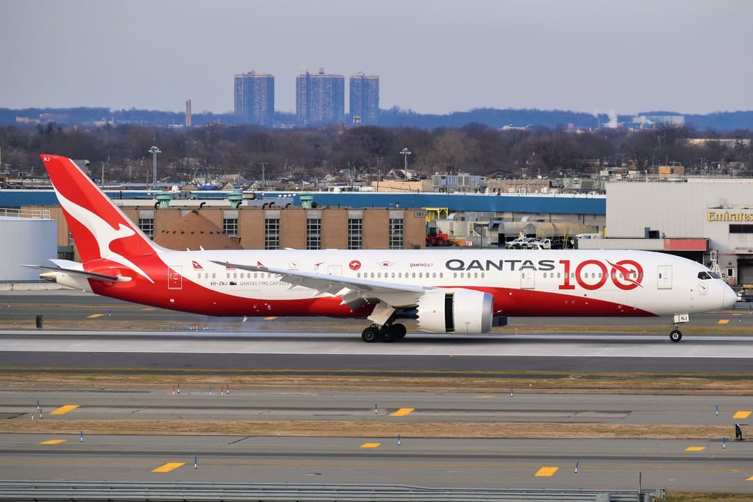 Qantas Boeing 787-9 Dreamliner landing at JFK Airport, used on ultra-long-haul USA-Australia routes