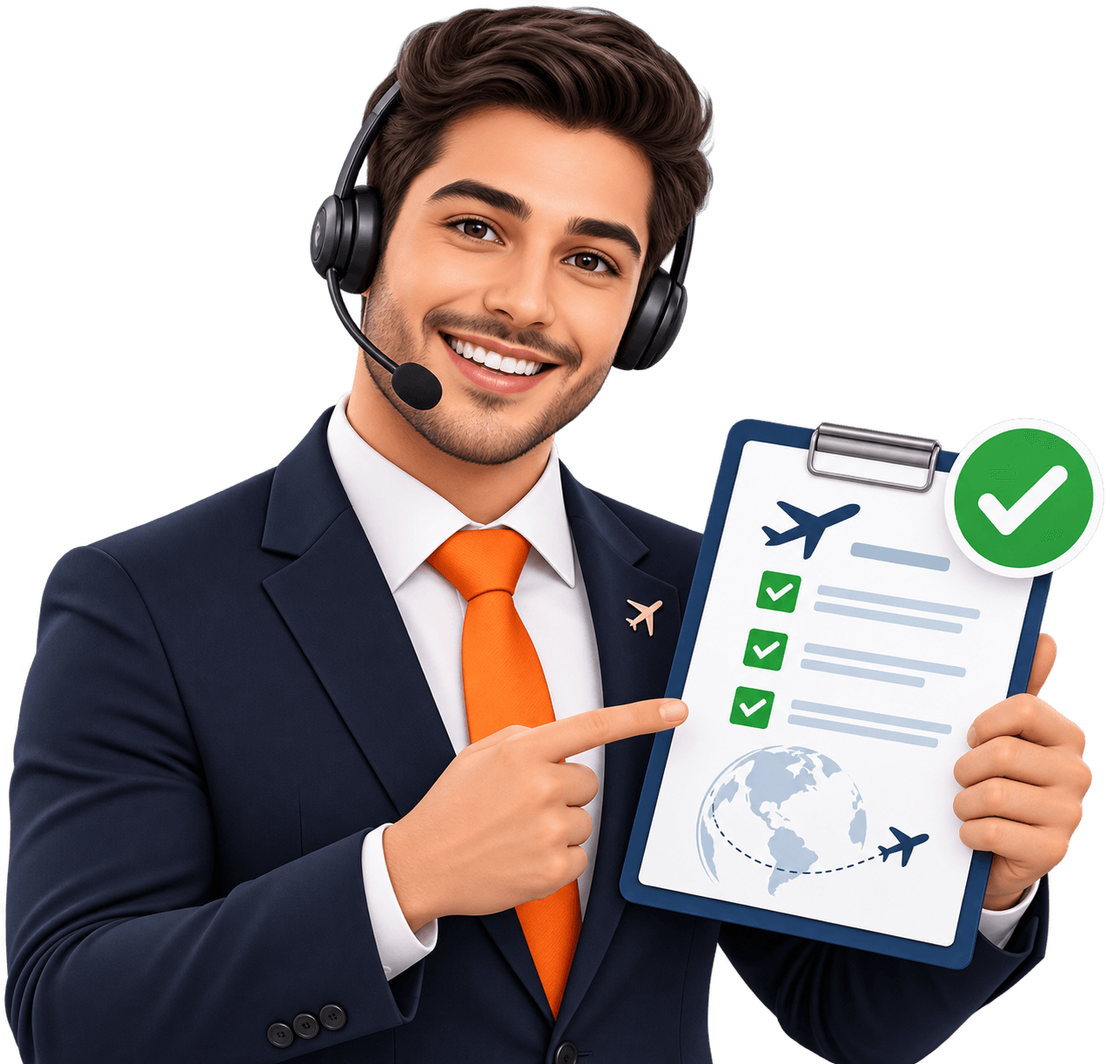 A travel agent with a headset holding a checklist of verified flight details