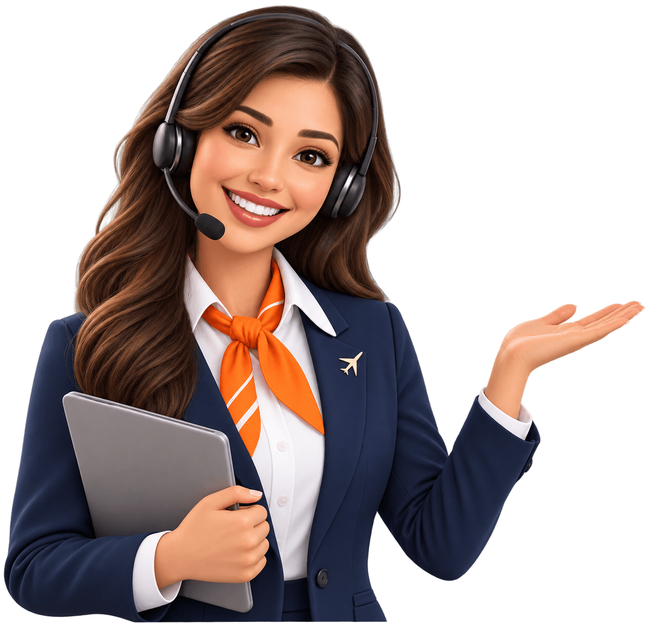 A travel agent with a headset and tablet, ready to search for fares