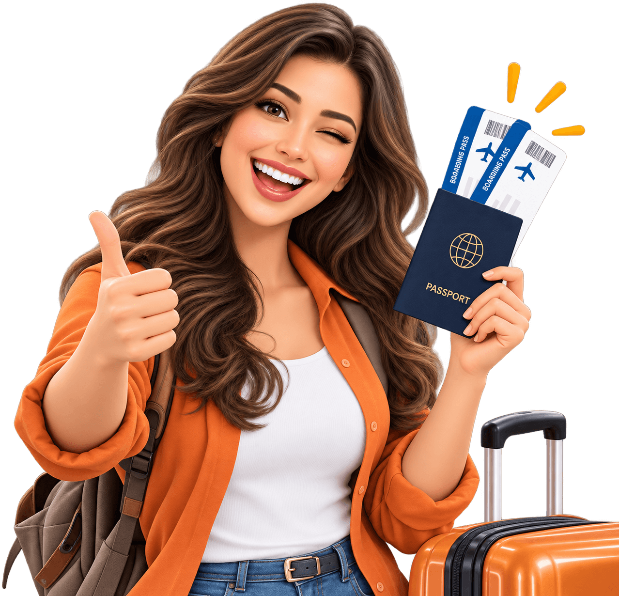 A traveler giving a thumbs up while holding a passport and boarding passes